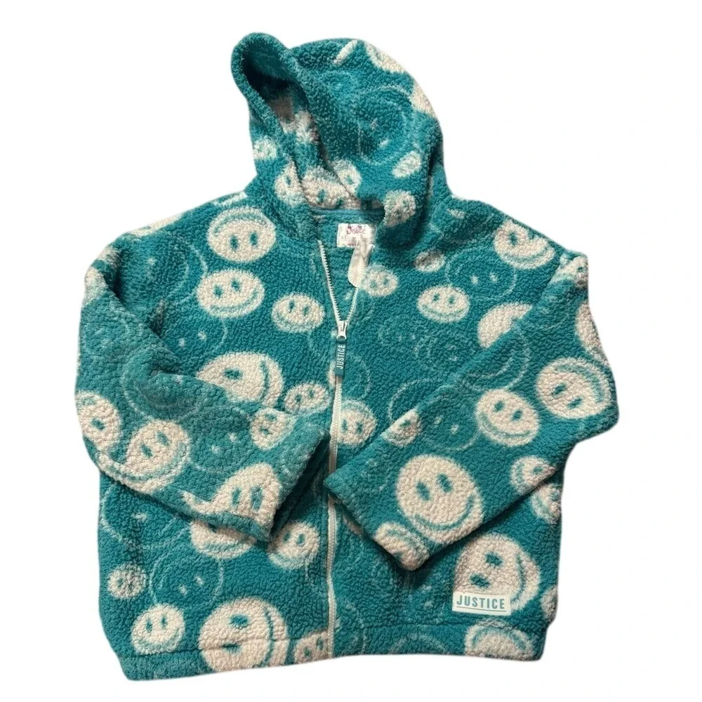 Justice Turquoise‎ Fleece Hoodie with White Smiley Faces